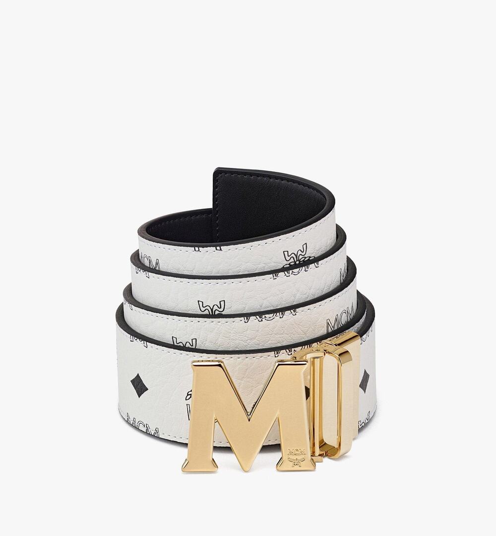 MCM Claus M Reversible Belt In Visetos White Gold Logo Print Men's S